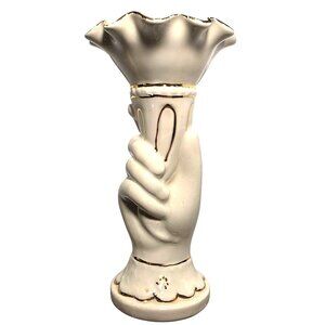 Vtg Vase Ceramic Hand Fluted Signed 1958 ruffle cream gold tone fingers torch